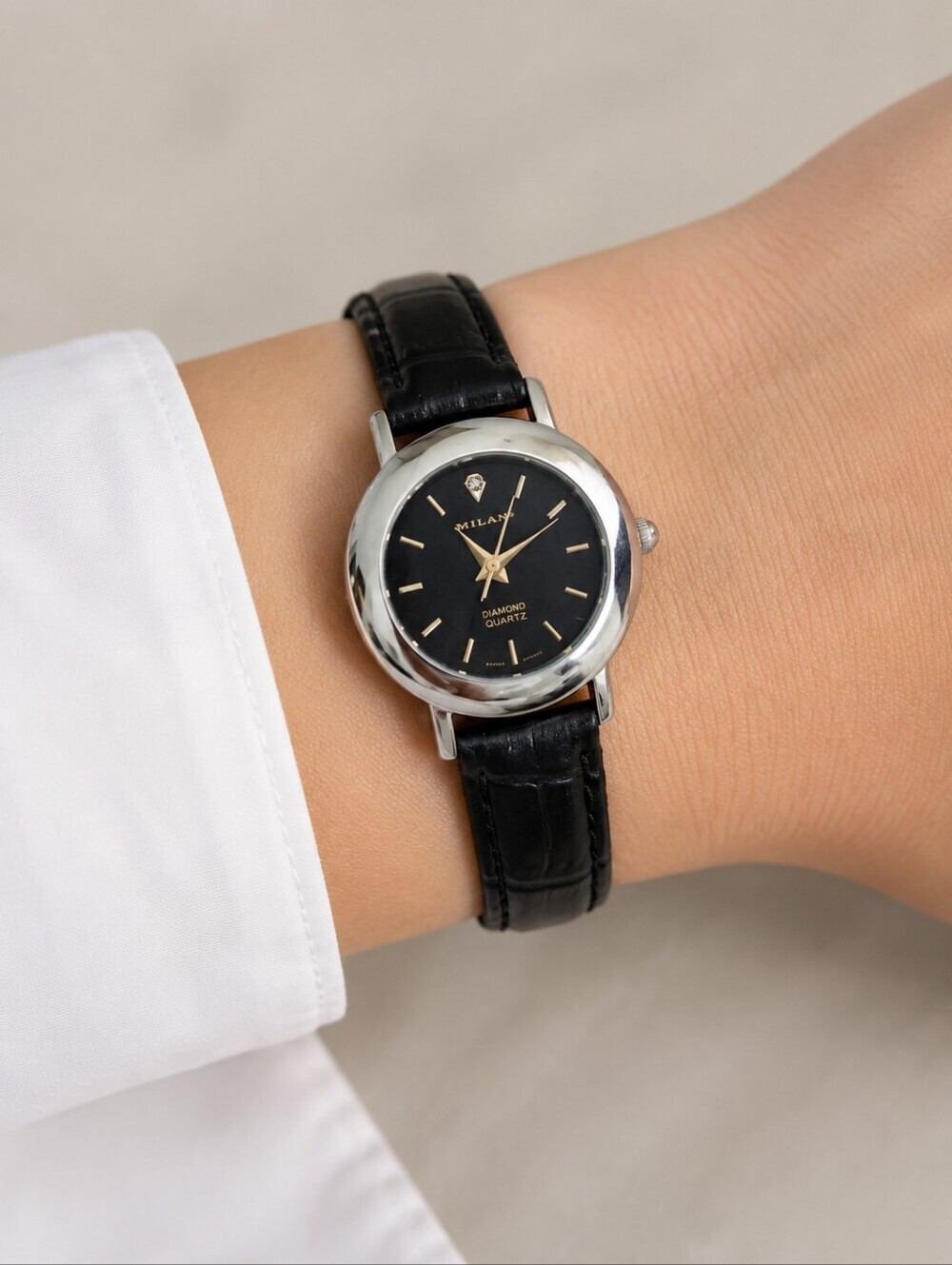 MILAN Black Leather Diamond Quartz Watch